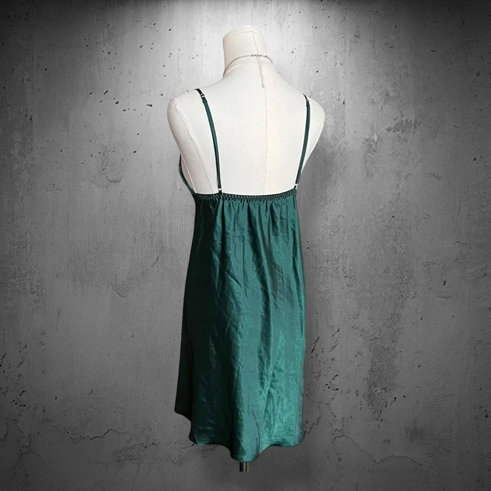 Floral Lace Trim Satin Chemise Slip Dress Med Forest Green Coquette Fairycore - Picture 5 of 7